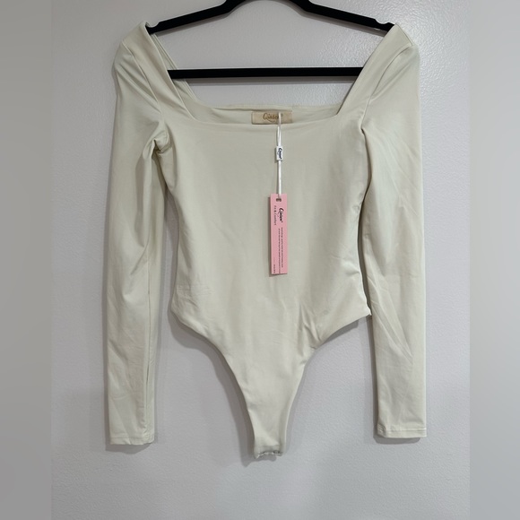 Qinsen Tops - QINSEN Women Square Neck Bodysuit. Long Sleeve Double Lined Top. Size S. BEIGE